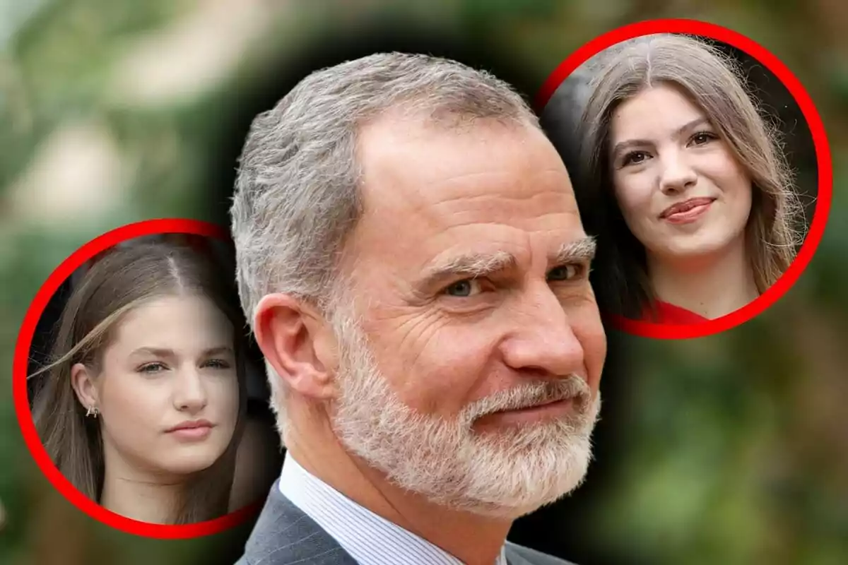 Montaje de fotos de primer plano del rey Felipe y sus dos hijas: la infanta Sofía y Leonor.
