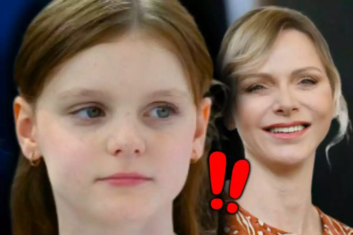 Montaje de fotos de primer plano de la princesa Gabriella y Charlene de Mónaco, con dos signos de exclamación rojos aparecen en el centro de la imagen.