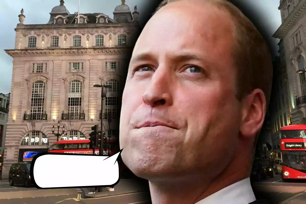 Primer plano del príncipe Guillermo con expresión seria y un bocadillo vacío sobre un fondo de Londres con edificios antiguos y autobuses rojos.