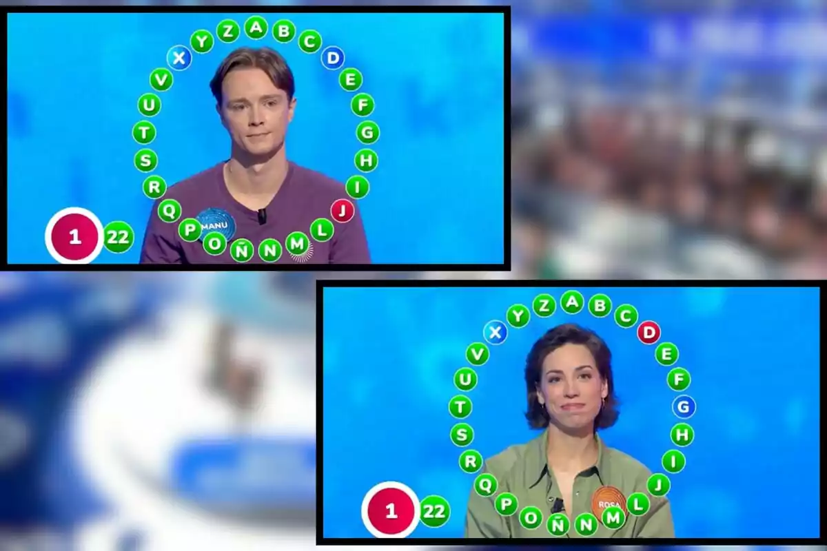 Dos concursantes participando en la prueba final del rosco de 'Pasapalabra', que son Manu y Rosa, cada uno rodeado por letras en círculo y con un marcador de aciertos y fallos. Dos concursantes participando en la prueba final del rosco de 'Pasapalabra', que son Manu y Rosa, cada uno rodeado por letras en círculo y con un marcador de aciertos y fallos.