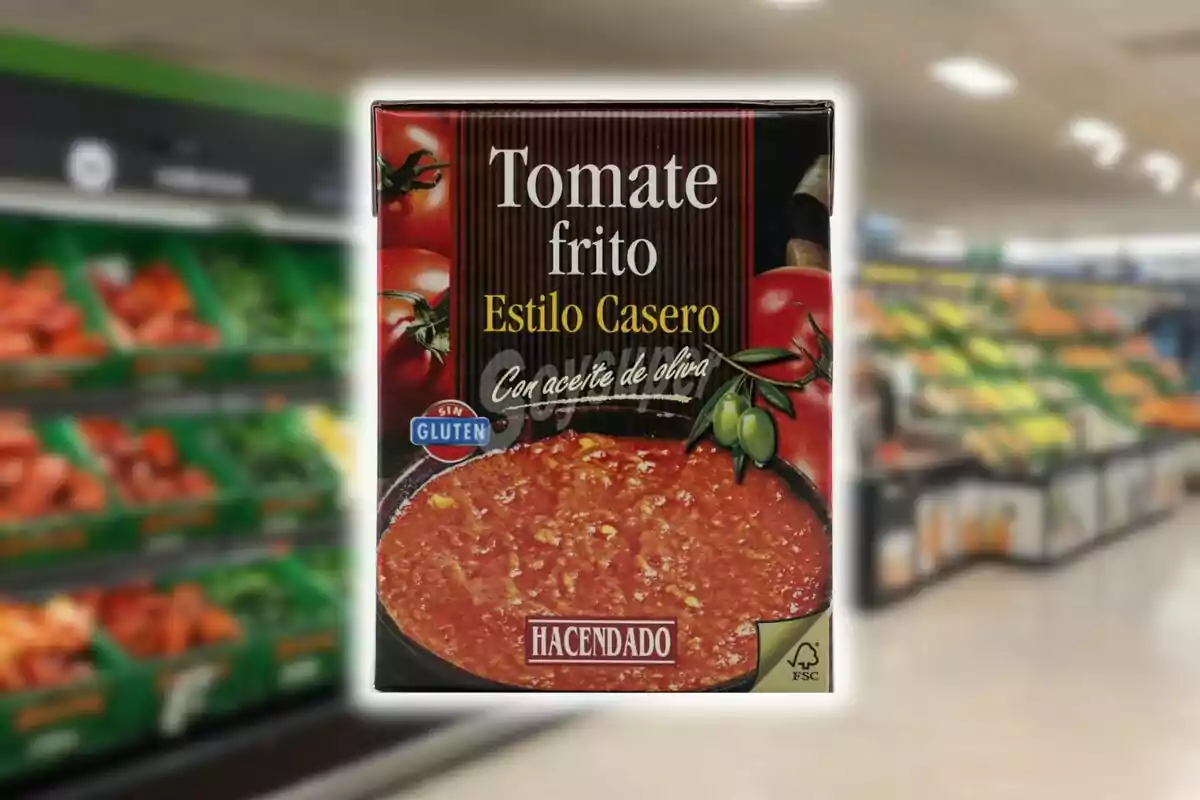 Caja de tomate frito estilo casero de la marca Hacendado con aceite de oliva en un supermercado.
