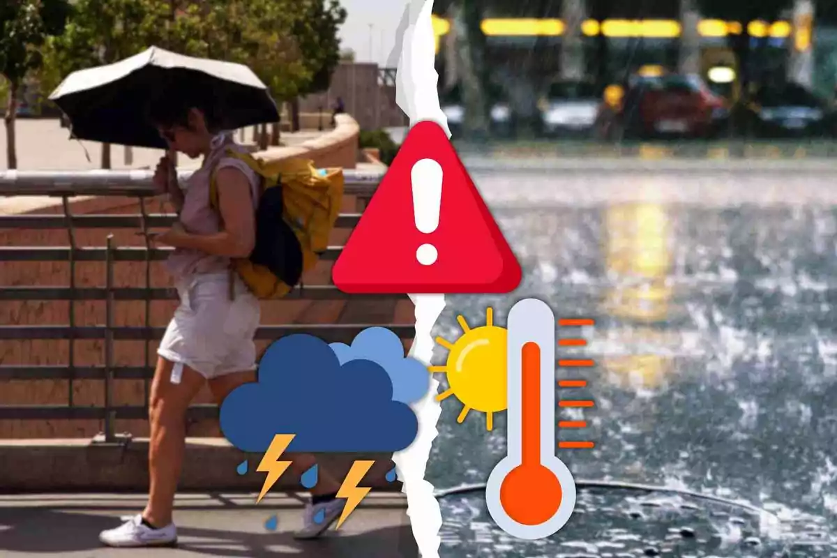 Una imagen dividida en dos mitades que muestra a una persona caminando bajo el sol con paraguas y mochila a la izquierda y una calle lluviosa con autos al fondo a la derecha con iconos de advertencia, tormenta, sol y termómetro superpuestos