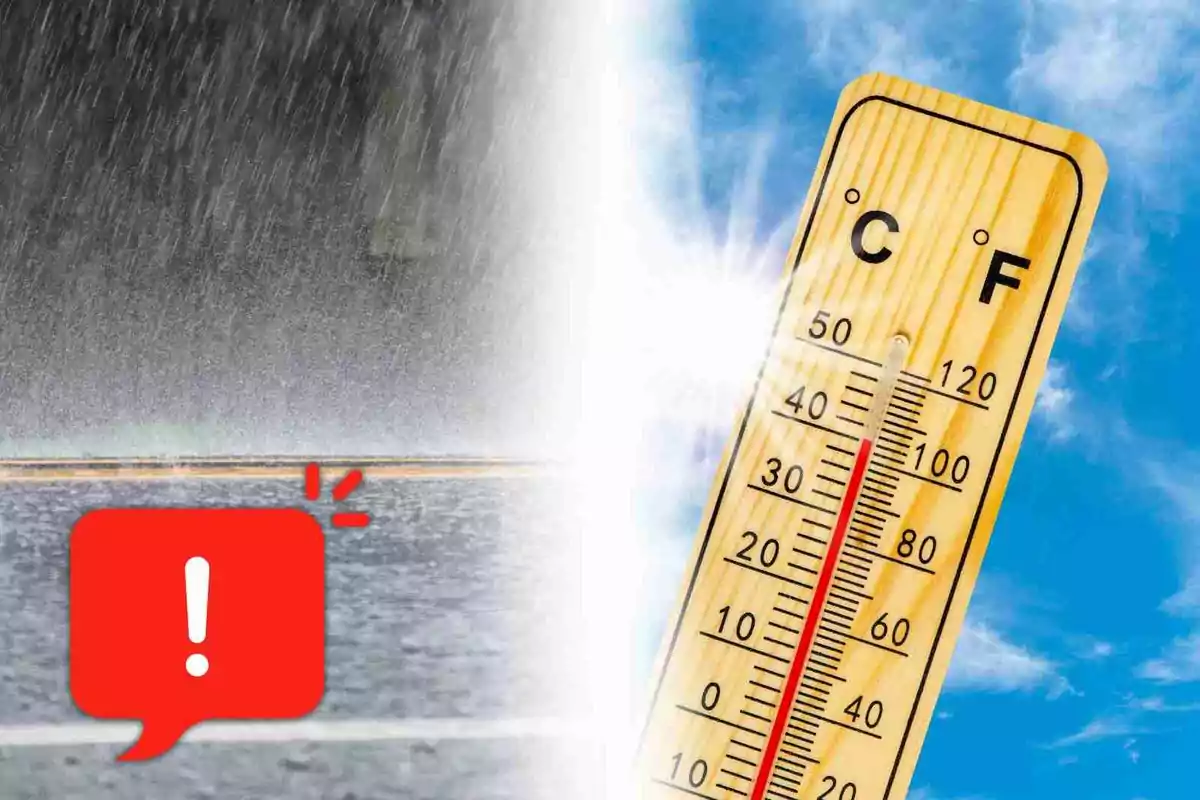 Mitad de la imagen muestra lluvia intensa y la otra mitad un termómetro marcando alta temperatura bajo el sol con un icono de advertencia en la parte inferior izquierda.