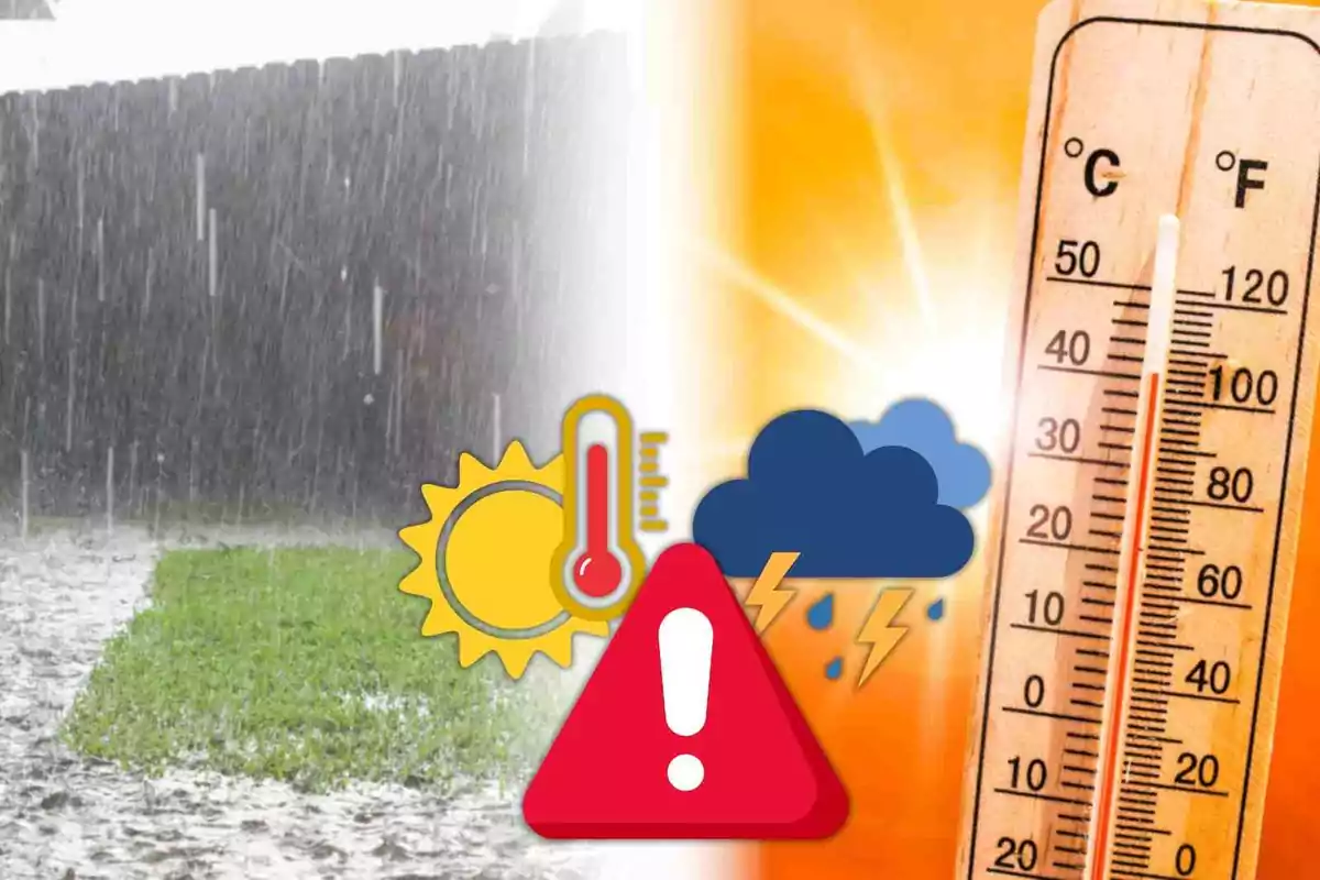 Imagen dividida en dos mitades que muestra lluvia intensa a la izquierda y calor extremo con un termómetro a la derecha, acompañada de iconos de advertencia meteorológica Imagen dividida en dos mitades que muestra lluvia intensa a la izquierda y calor extremo con un termómetro a la derecha, acompañada de iconos de advertencia meteorológica
