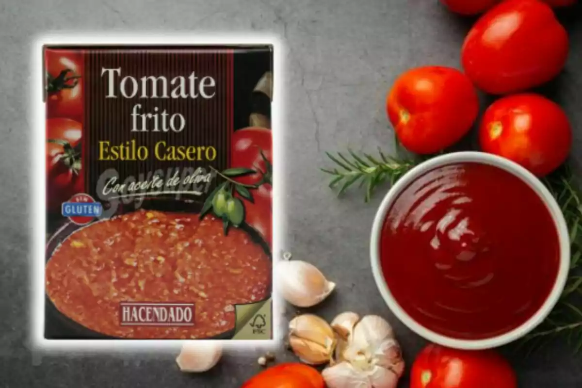 Caja de tomate frito estilo casero de la marca Hacendado junto a un bol de salsa de tomate, tomates frescos, ajos y ramas de romero sobre una superficie gris.