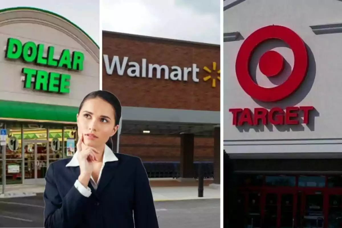Una mujer pensativa aparece frente a las fachadas de las tiendas Dollar Tree, Walmart y Target.