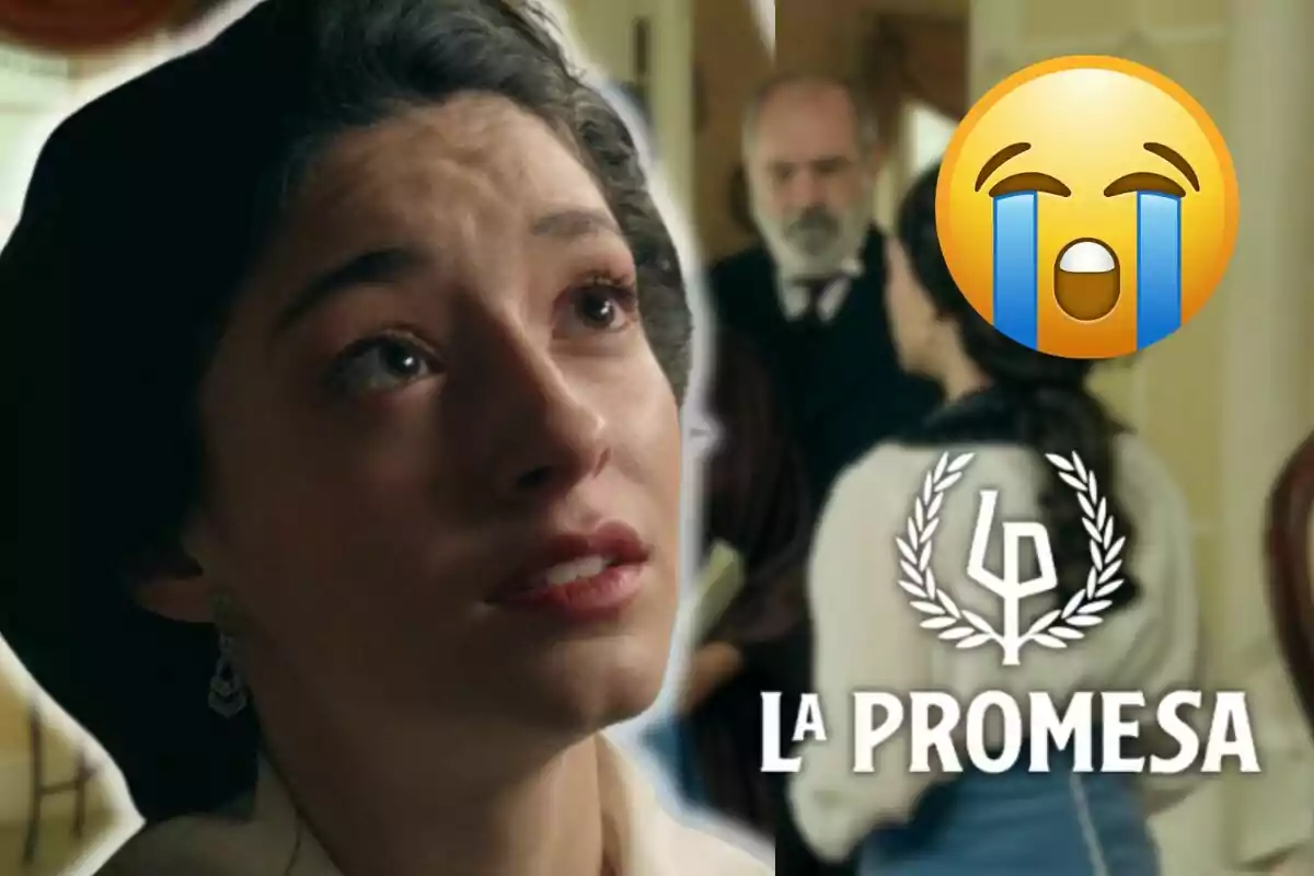 Marta Costa con expresión triste en primer plano, fondo desenfocado con dos personas, un emoji llorando y el texto La Promesa