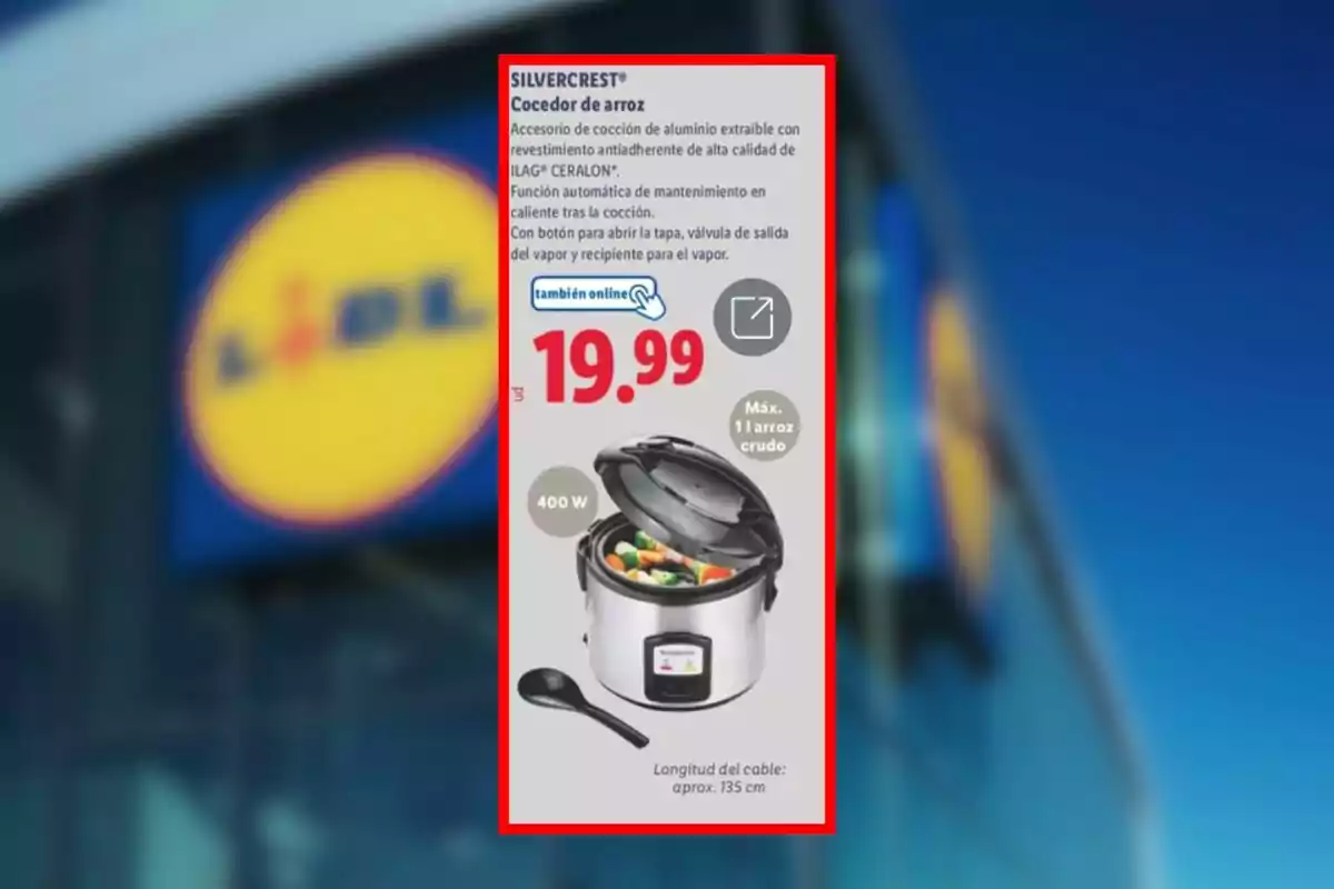 Publicidad de una arrocera Silvercrest en una tienda Lidl con precio de 19.99 euros y características destacadas del producto. Publicidad de una arrocera Silvercrest en una tienda Lidl con precio de 19.99 euros y características destacadas del producto.