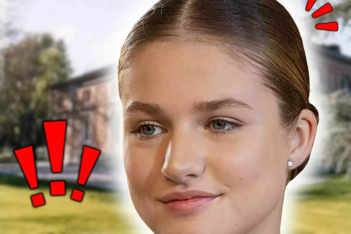 Montaje de fotos de primer plano de la princesa Leonor de Borbón con el cabello recogido, expresión seria y signos de exclamación rojos sobre un fondo de edificio y árboles desenfocados.