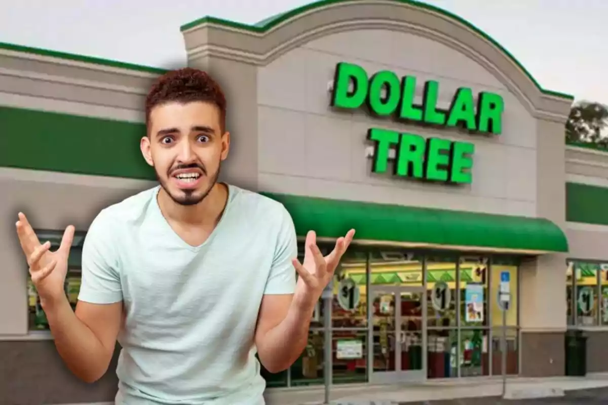 Hombre con expresión de confusión o frustración frente a una tienda Dollar Tree