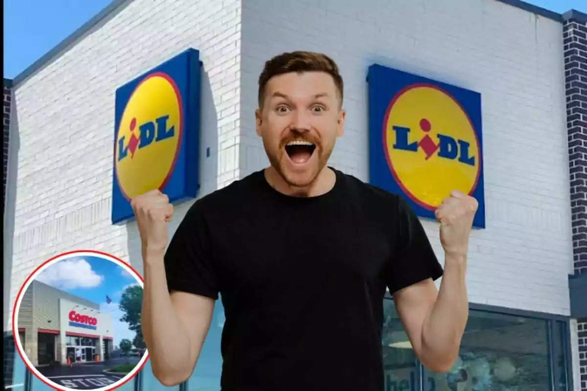 Hombre emocionado frente a una tienda Lidl con una imagen pequeña de una tienda Costco en la esquina inferior izquierda
