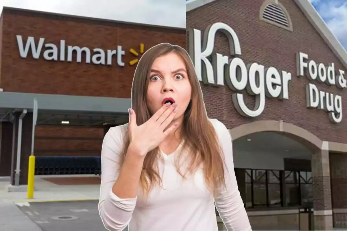 Mujer sorprendida frente a las fachadas de Walmart y Kroger
