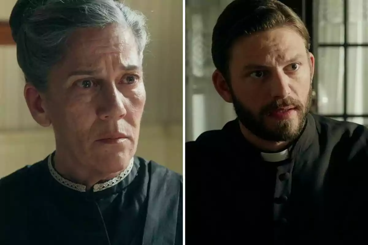 Petra y padre Samuel vestidas de época, una mujer mayor con expresión seria y un hombre joven con barba y atuendo de sacerdote, ambos en ambientes interiores iluminados suavemente. Petra y padre Samuel vestidas de época, una mujer mayor con expresión seria y un hombre joven con barba y atuendo de sacerdote, ambos en ambientes interiores iluminados suavemente.
