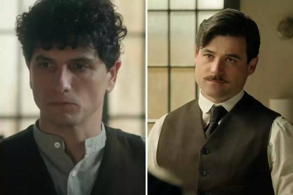 Toño y Manuel con expresión seria, ambos vestidos con chaleco y camisa, en un ambiente interior con ventanas al fondo. Toño y Manuel con expresión seria, ambos vestidos con chaleco y camisa, en un ambiente interior con ventanas al fondo.