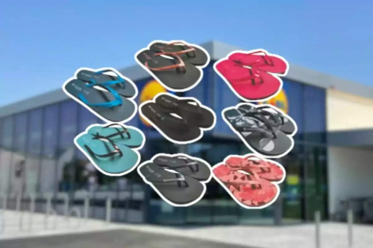 Varias sandalias de diferentes colores y estilos están sobrepuestas frente a la entrada de una tienda con fachada de cristal y un logotipo amarillo y azul. Varias sandalias de diferentes colores y estilos están sobrepuestas frente a la entrada de una tienda con fachada de cristal y un logotipo amarillo y azul.