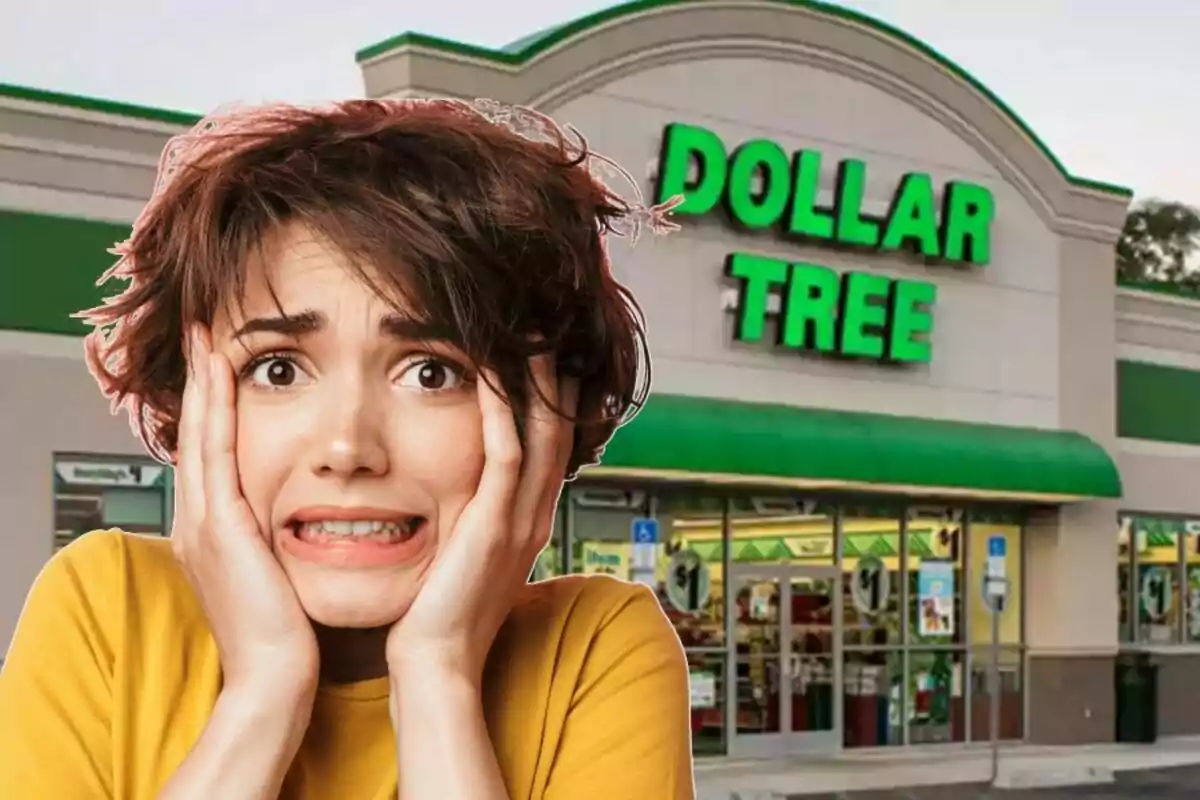 Mujer con expresión de preocupación frente a una tienda Dollar Tree