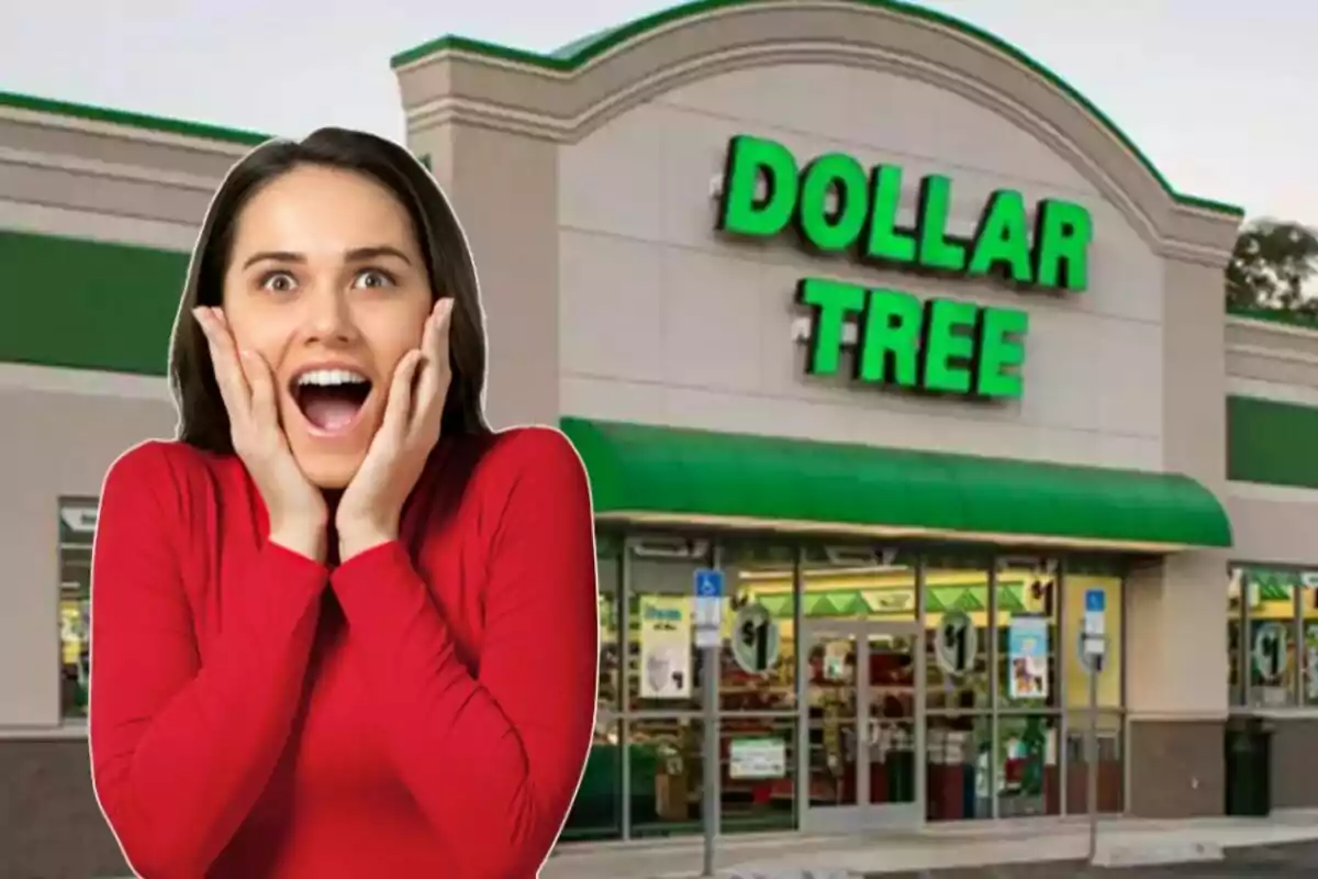 Mujer con expresión de sorpresa frente a una tienda Dollar Tree