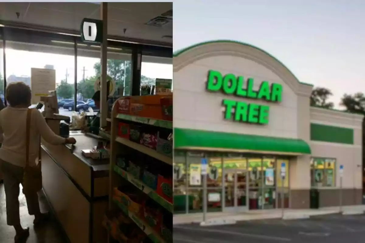 Una persona en la caja registradora de una tienda Dollar Tree y la fachada del establecimiento con el letrero verde. Una persona en la caja registradora de una tienda Dollar Tree y la fachada del establecimiento con el letrero verde.