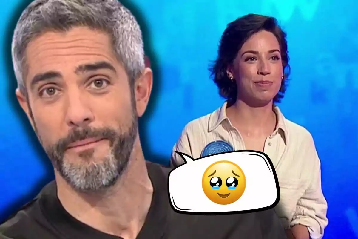 Primer plano de Roberto Leal al lado de Rosa Rodríguez sonriente sobre un fondo azul con un globo de diálogo que contiene un emoji de carita con ojos brillosos