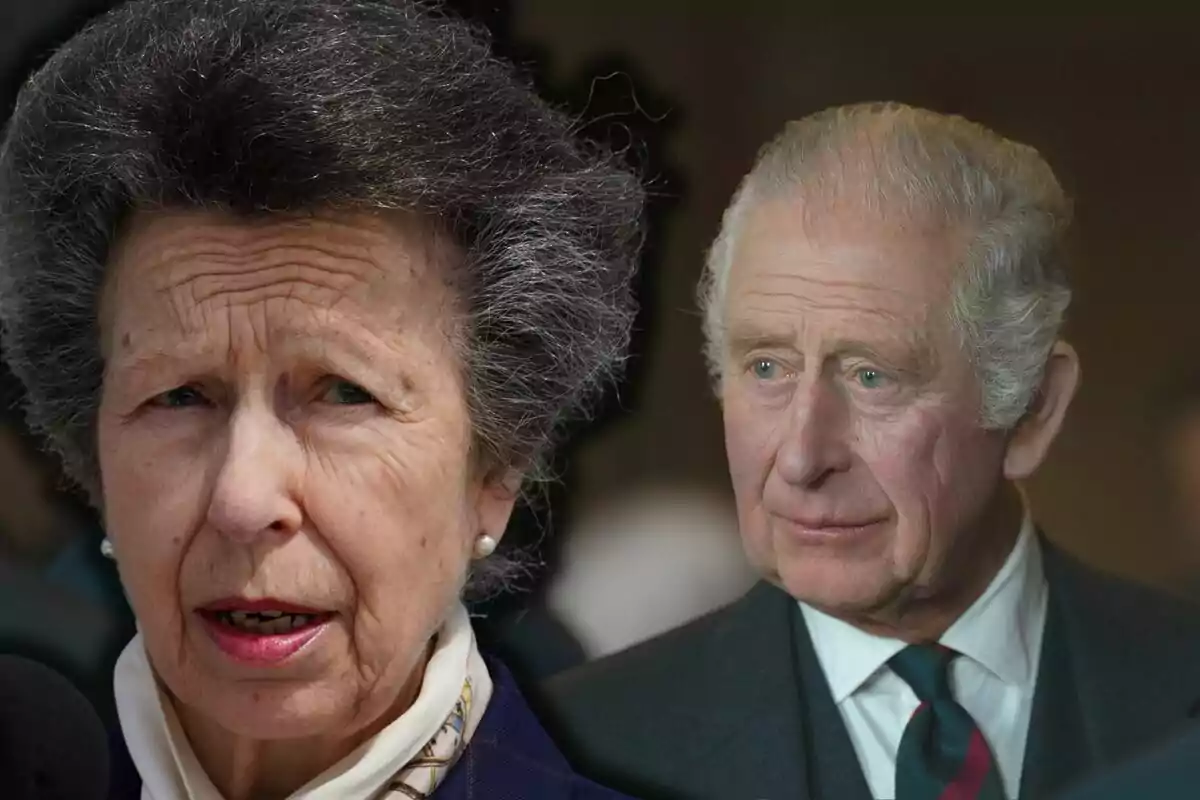 La princesa Ana y Carlos III con expresión seria, una mujer en primer plano y un hombre en el fondo, ambos con cabello canoso y vestimenta formal.