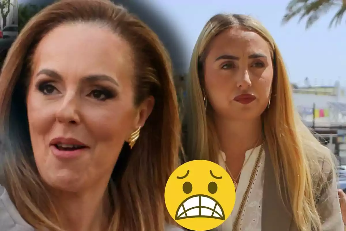 Rocío Carrasco y Rocío Flores con expresiones serias y un emoji de cara preocupada en primer plano