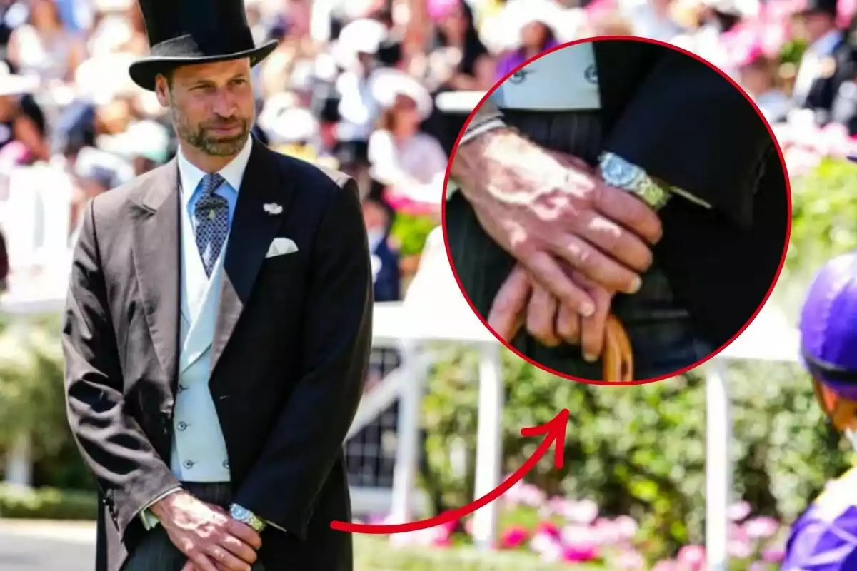 El príncipe Guillermo elegantemente vestido con sombrero de copa sostiene un bastón mientras una lupa resalta el reloj en su muñeca izquierda El príncipe Guillermo elegantemente vestido con sombrero de copa sostiene un bastón mientras una lupa resalta el reloj en su muñeca izquierda