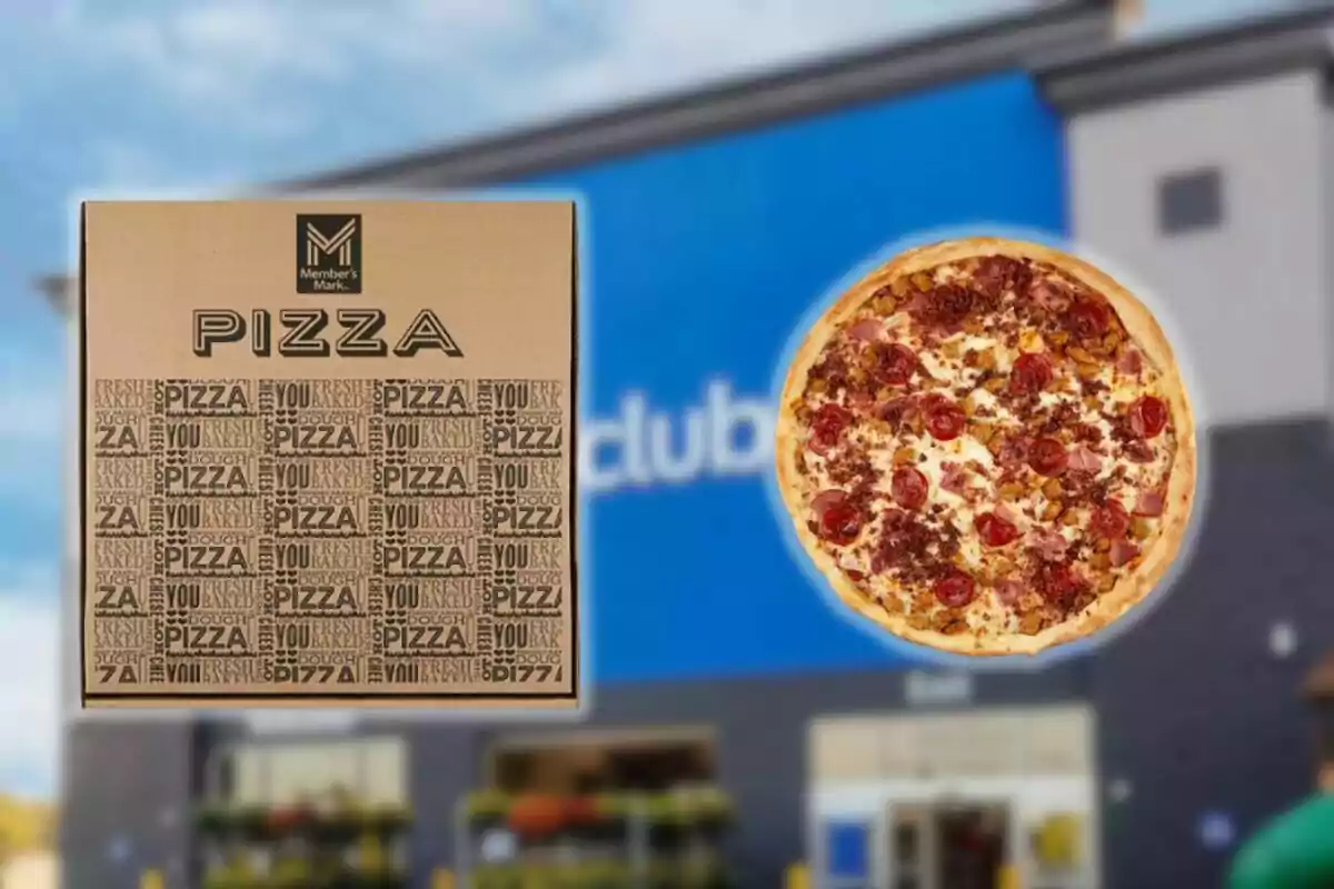 Caja de pizza de cartón y una pizza de carnes frente a una tienda con fachada azul desenfocada Caja de pizza de cartón y una pizza de carnes frente a una tienda con fachada azul desenfocada