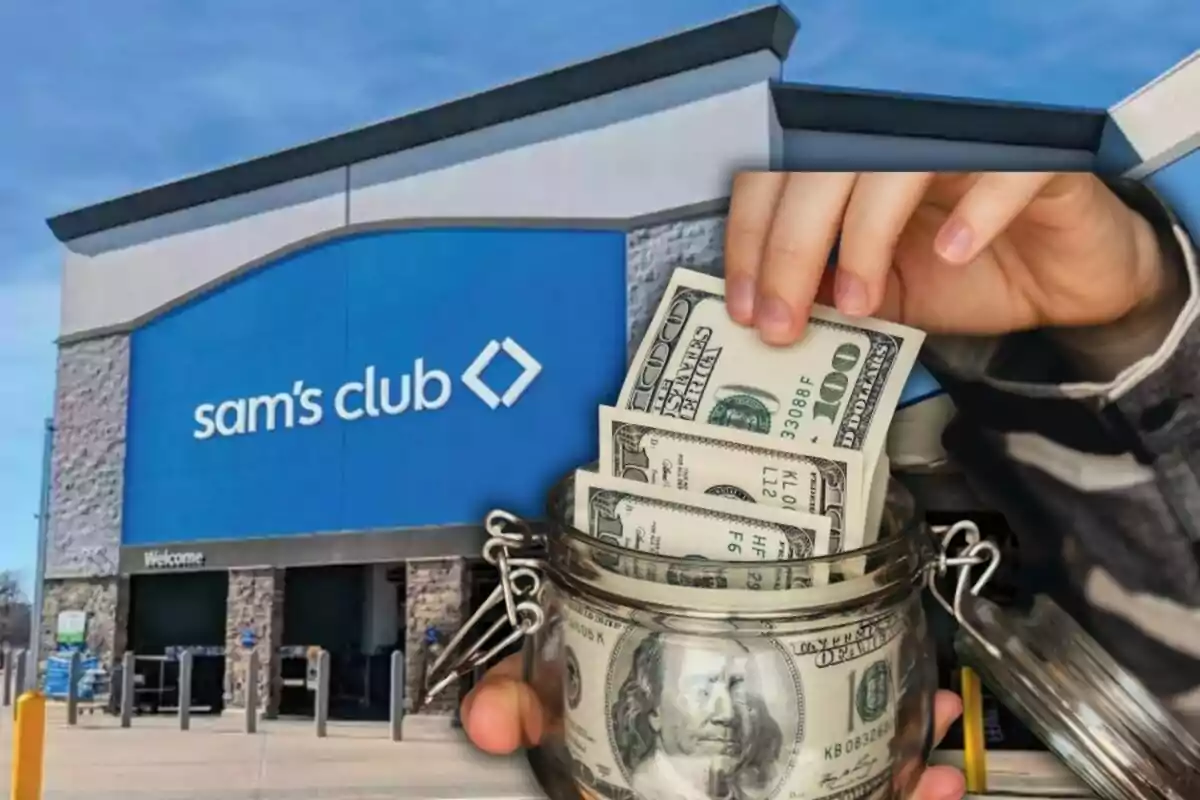 Fachada de Sam’s Club con una mano colocando billetes de dólar en un frasco de vidrio lleno de dinero Fachada de Sam’s Club con una mano colocando billetes de dólar en un frasco de vidrio lleno de dinero