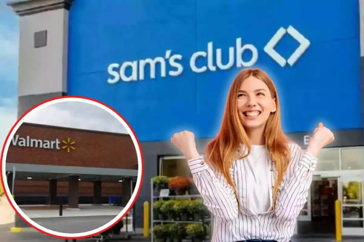 Una mujer sonriente con los puños levantados está frente a la entrada de Sam’s Club y en la esquina inferior izquierda aparece una imagen circular de una tienda Walmart.