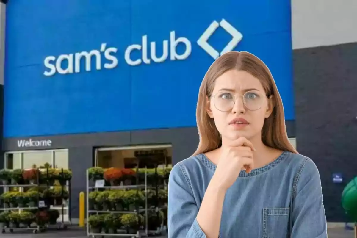 Mujer con expresión de confusión frente a la entrada de una tienda Sam's Club
