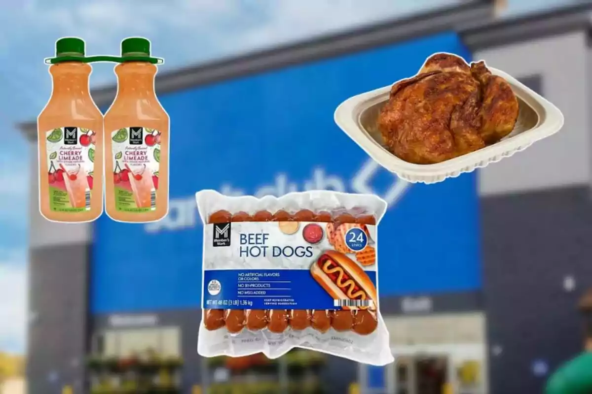Botellas de bebida sabor cereza y lima, un pollo rostizado en charola y un paquete de salchichas frente a una tienda Sam’s Club desenfocada Botellas de bebida sabor cereza y lima, un pollo rostizado en charola y un paquete de salchichas frente a una tienda Sam’s Club desenfocada
