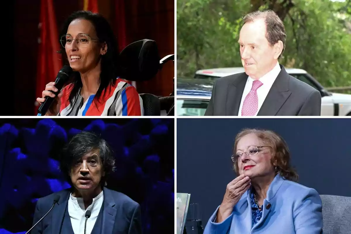 Teresa Perales, Jaime Alfonsín, Carlos López Otín y Cristina García Rodero en diferentes escenarios, dos hombres y dos mujeres, una de ellas en silla de ruedas y otra con chaqueta azul, todos en ambientes formales. Teresa Perales, Jaime Alfonsín, Carlos López Otín y Cristina García Rodero en diferentes escenarios, dos hombres y dos mujeres, una de ellas en silla de ruedas y otra con chaqueta azul, todos en ambientes formales.