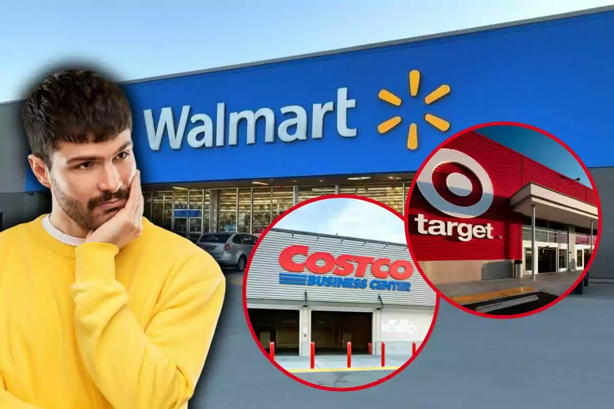 Hombre pensativo frente a una tienda de Walmart con imágenes de Costco y Target superpuestas