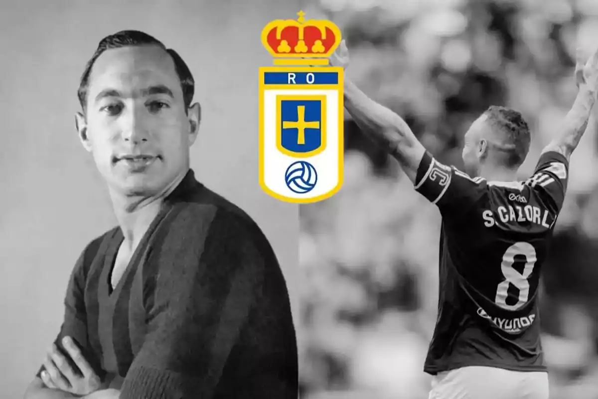 Dos futbolistas históricos del Real Oviedo junto al escudo del club en el centro Dos futbolistas históricos del Real Oviedo junto al escudo del club en el centro