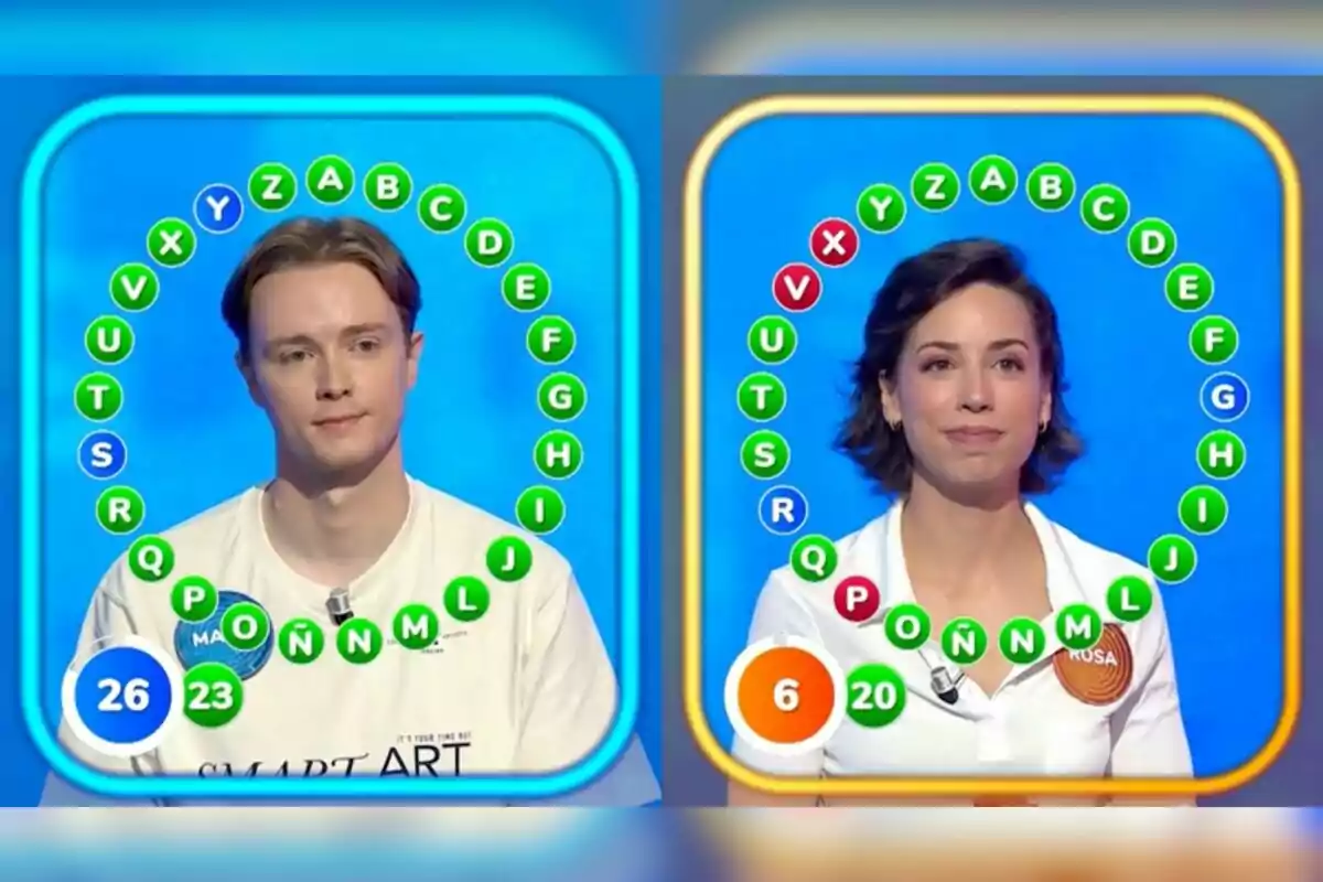 Dos concursantes -Rosa y Manu- participan en la prueba final de un concurso de televisión, cada uno rodeado por un círculo de letras con diferentes colores que indican sus aciertos y errores, mostrando sus puntajes en la parte inferior. Dos concursantes -Rosa y Manu- participan en la prueba final de un concurso de televisión, cada uno rodeado por un círculo de letras con diferentes colores que indican sus aciertos y errores, mostrando sus puntajes en la parte inferior.