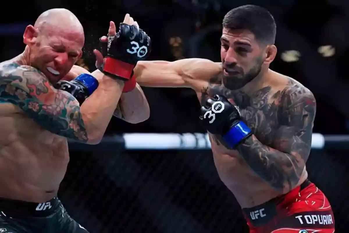 Dos peleadores de artes marciales mixtas luchan en un octágono, uno de ellos lanza un golpe mientras el otro se protege con los brazos Dos peleadores de artes marciales mixtas luchan en un octágono, uno de ellos lanza un golpe mientras el otro se protege con los brazos