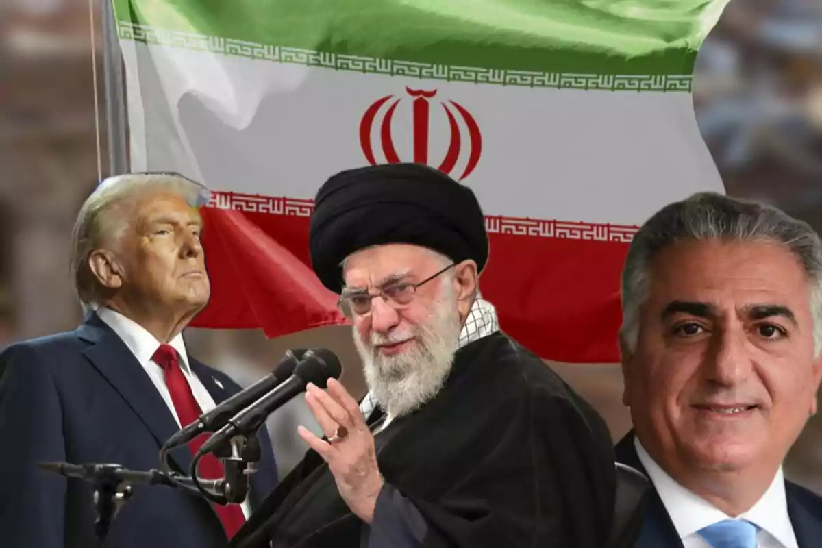 Tres hombres en primer plano con una bandera de Irán al fondo