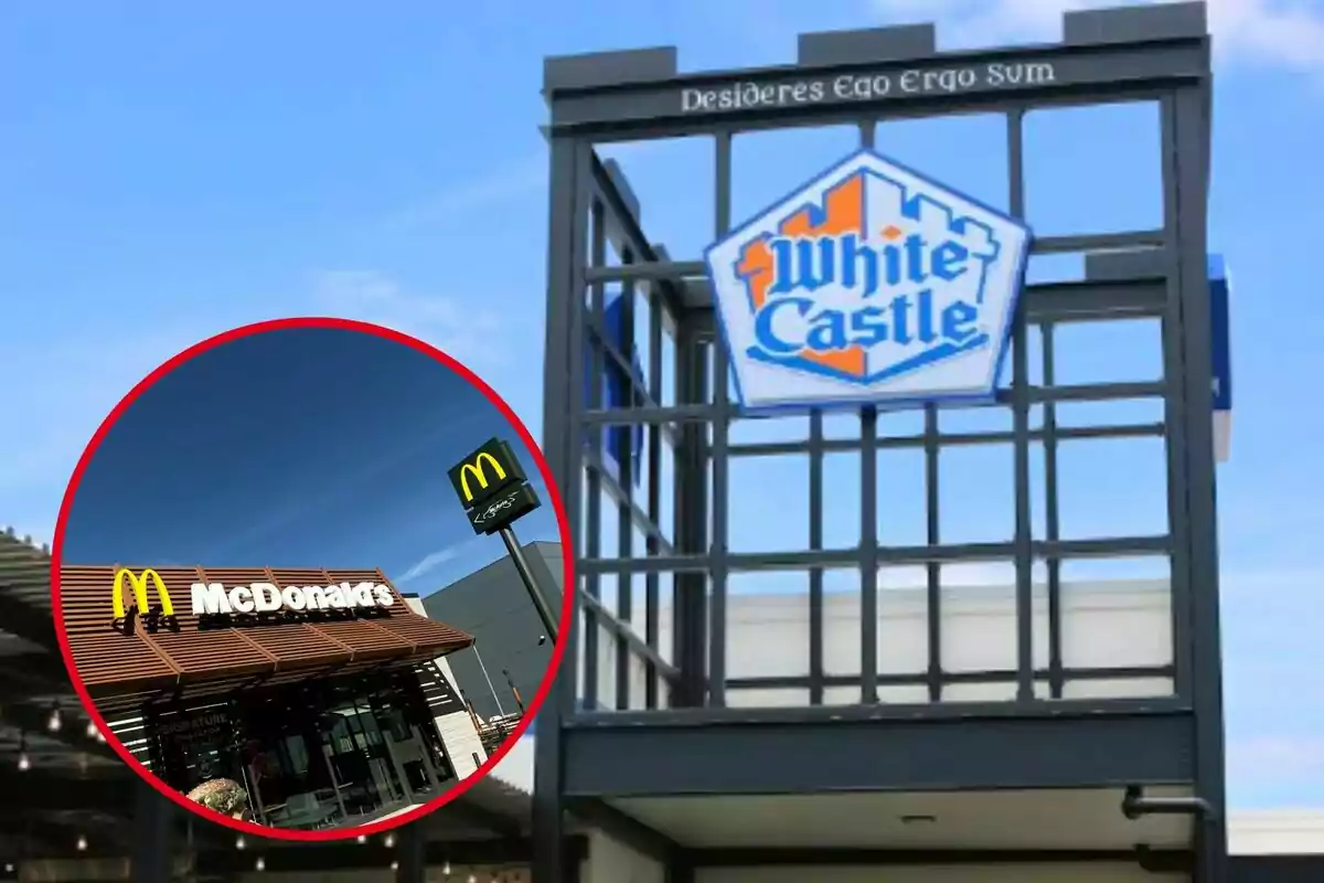 Fotografía de un letrero de White Castle con un recuadro que muestra la fachada de un restaurante McDonald's