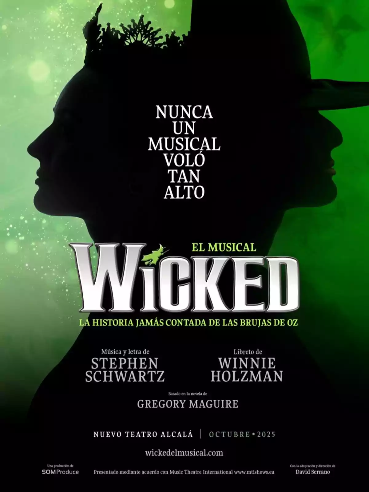 Cartel promocional del musical Wicked con siluetas de dos mujeres de perfil sobre un fondo verde y texto anunciando la obra en Madrid en octubre de 2025