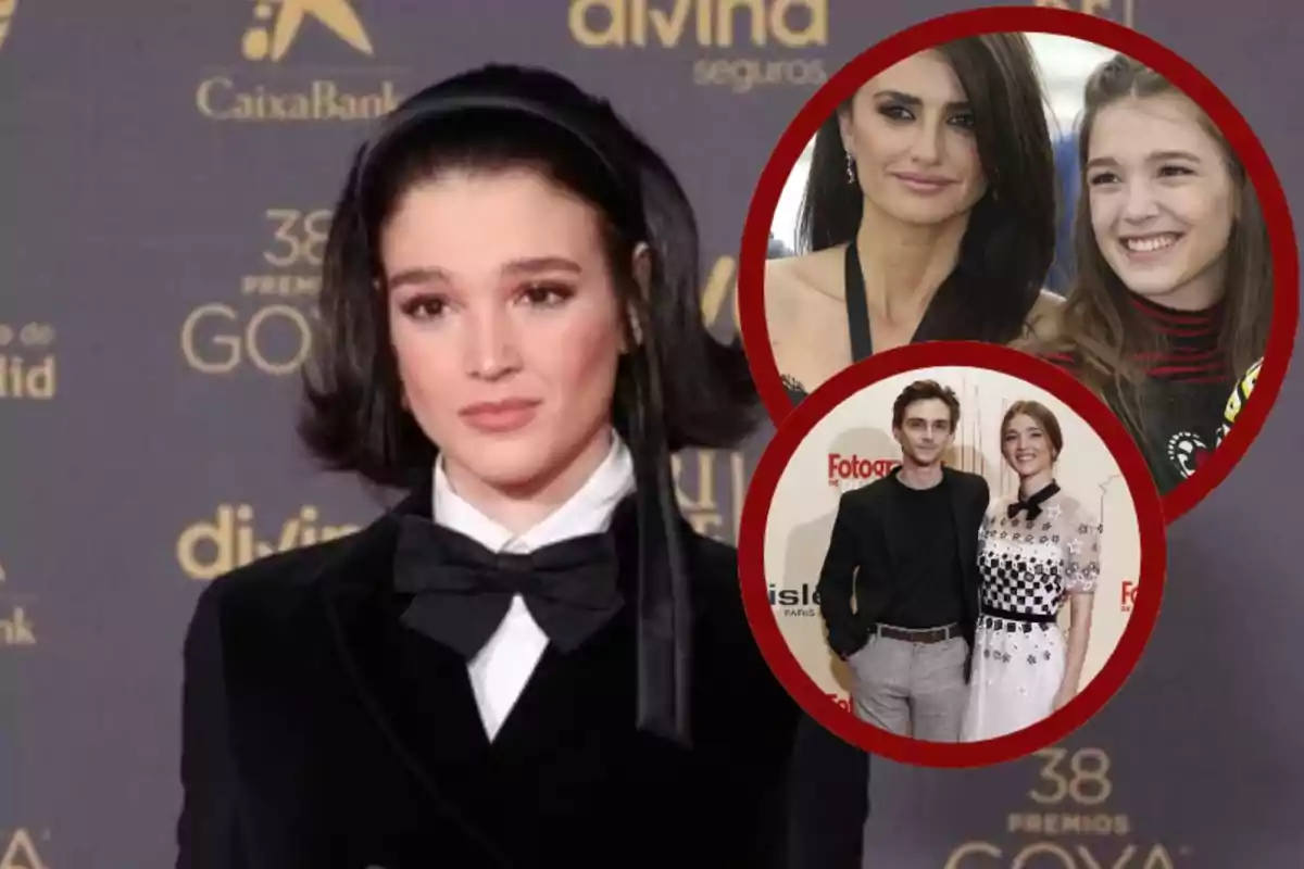 Joven con cabello corto y cinta negra posando en una alfombra roja, con dos recuadros circulares mostrando diferentes momentos junto a otras personas en eventos públicos.