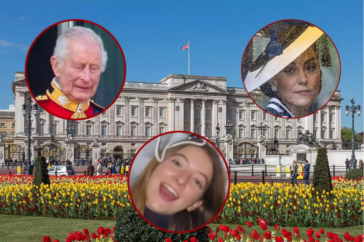 Fachada del Palacio de Buckingham con jardines de tulipanes y tres rostros enmarcados en círculos rojos sobrepuestos en la imagen