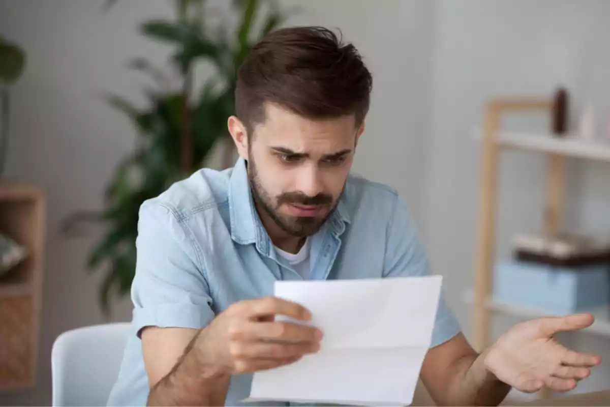 Hombre joven con expresión preocupada mirando una hoja de papel en una habitación iluminada Hombre joven con expresión preocupada mirando una hoja de papel en una habitación iluminada