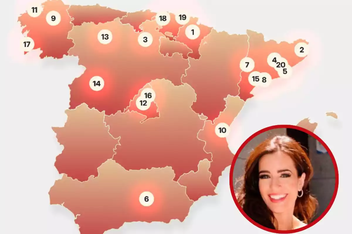 Mapa de España con diferentes regiones numeradas y resaltadas en tonos rojos y una foto de una mujer sonriente en la esquina inferior derecha dentro de un círculo rojo