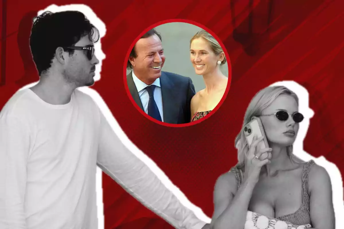 Un hombre y una mujer jóvenes en primer plano, ambos con gafas de sol, ella hablando por teléfono, con una imagen circular en el centro que muestra a una pareja mayor sonriendo, todo sobre un fondo rojo