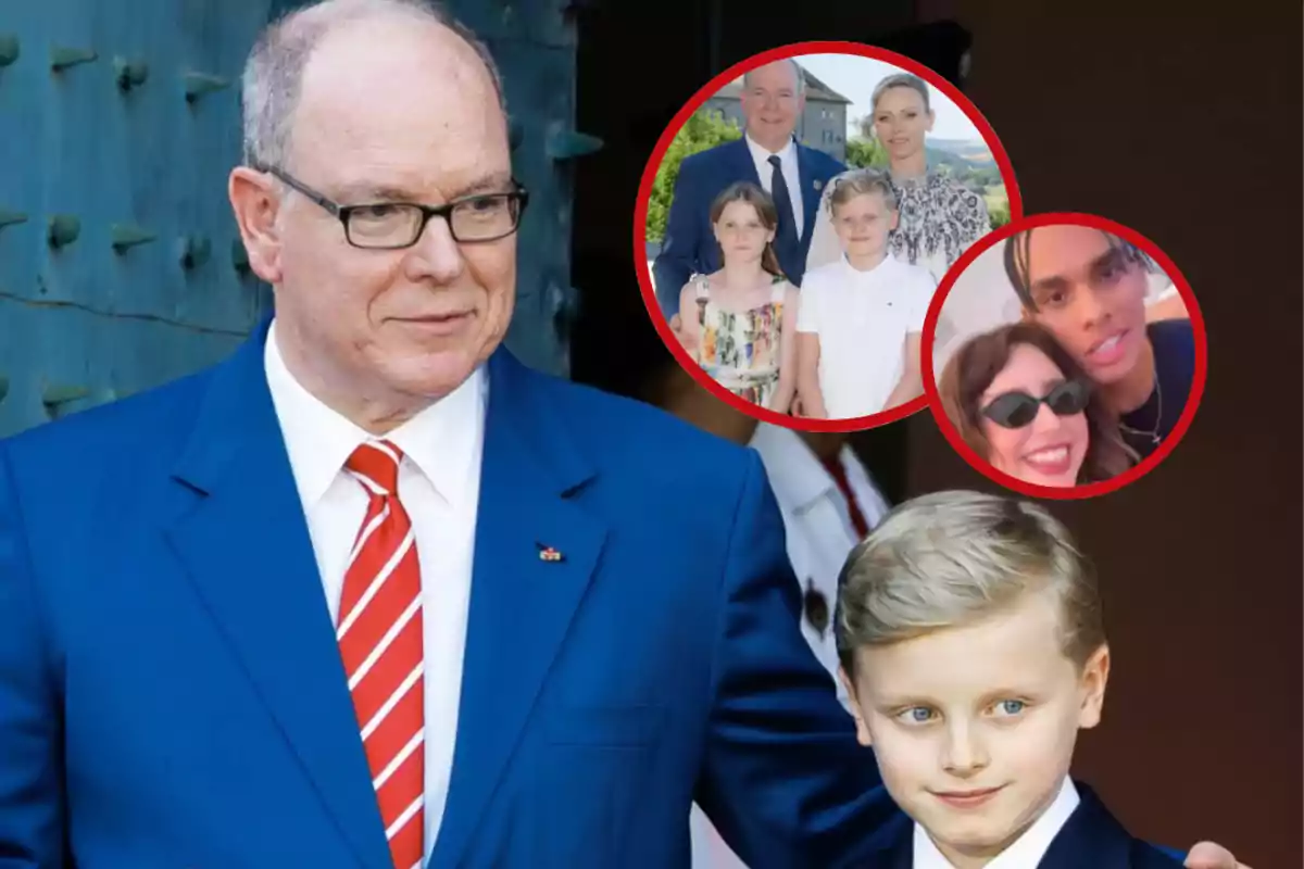 Hombre de traje azul y corbata roja con un niño rubio al frente y dos recuadros circulares mostrando fotos familiares en la esquina superior derecha