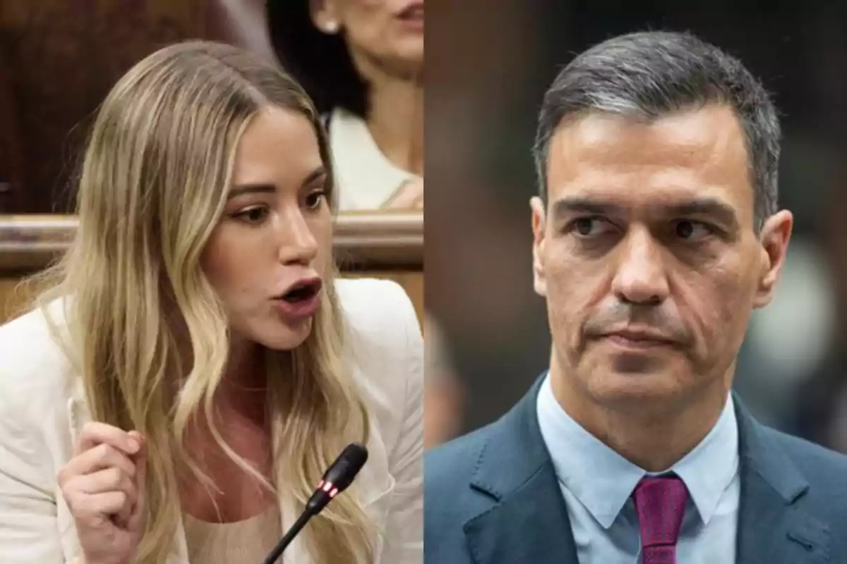 Una mujer joven hablando apasionadamente en un micrófono y un hombre de cabello corto y canoso con expresión seria, ambos en ambientes formales. Una mujer joven hablando apasionadamente en un micrófono y un hombre de cabello corto y canoso con expresión seria, ambos en ambientes formales.