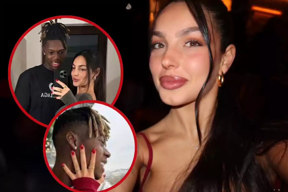 Mujer de cabello largo y oscuro posando para la cámara con dos recuadros circulares mostrando fotos de una pareja joven