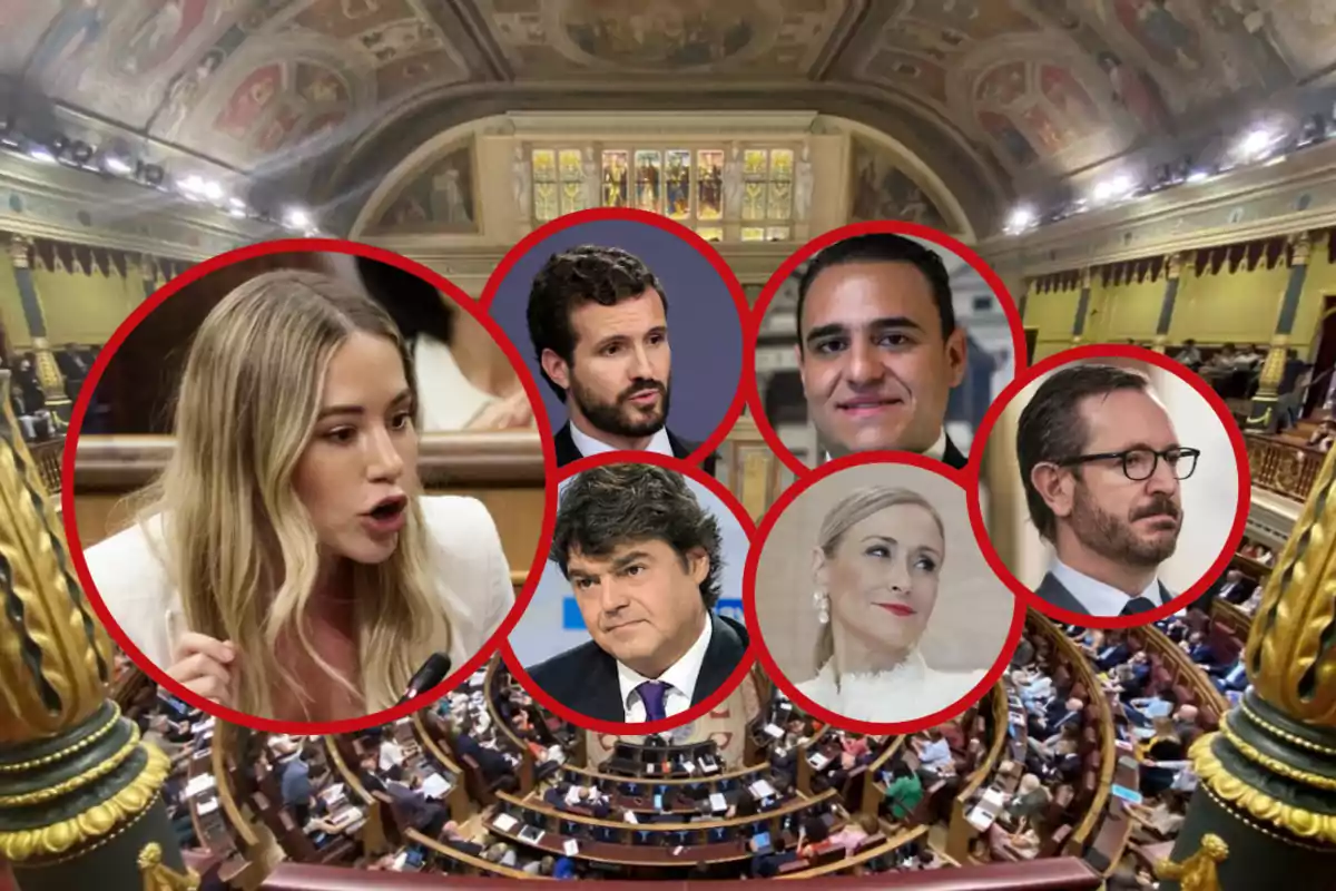 Montaje de varias personas enmarcadas en círculos rojos sobre una imagen del interior de un parlamento lleno de gente