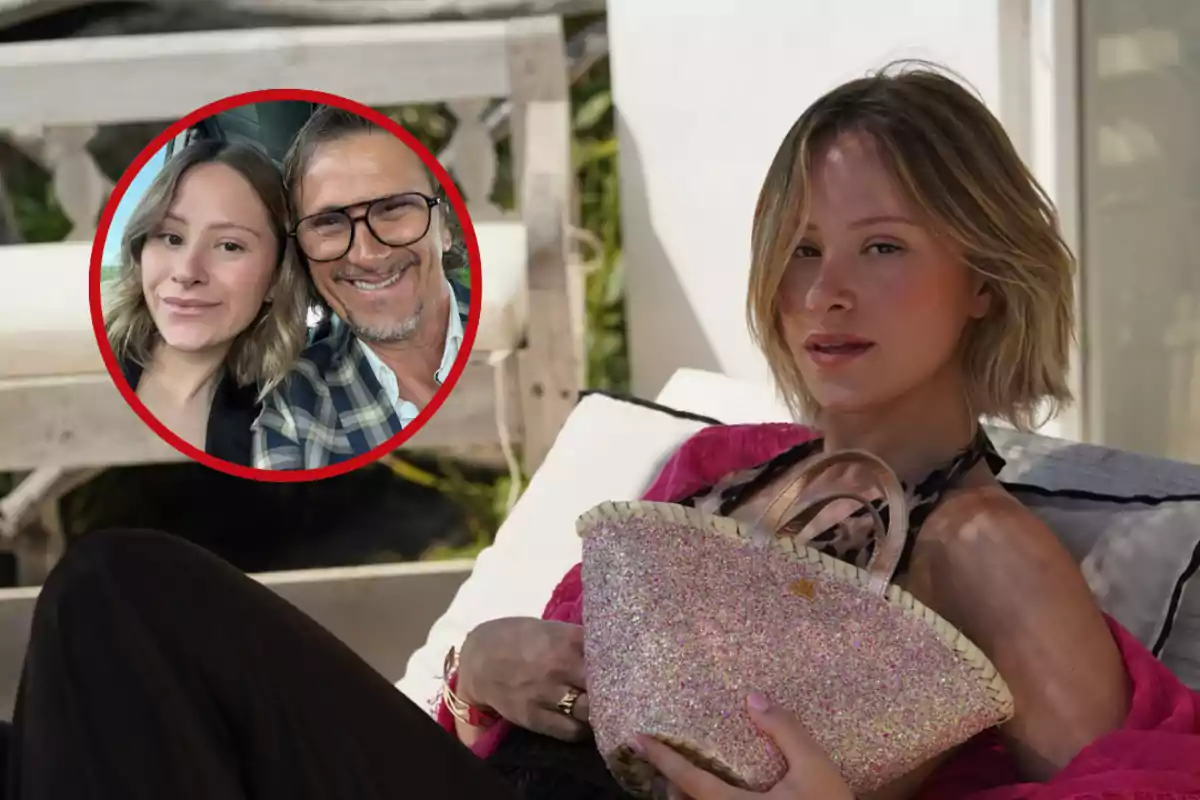 Mujer joven recostada en un sillón al aire libre sosteniendo una bolsa brillante mientras en la esquina superior izquierda aparece un recuadro circular con la imagen de una pareja sonriendo
