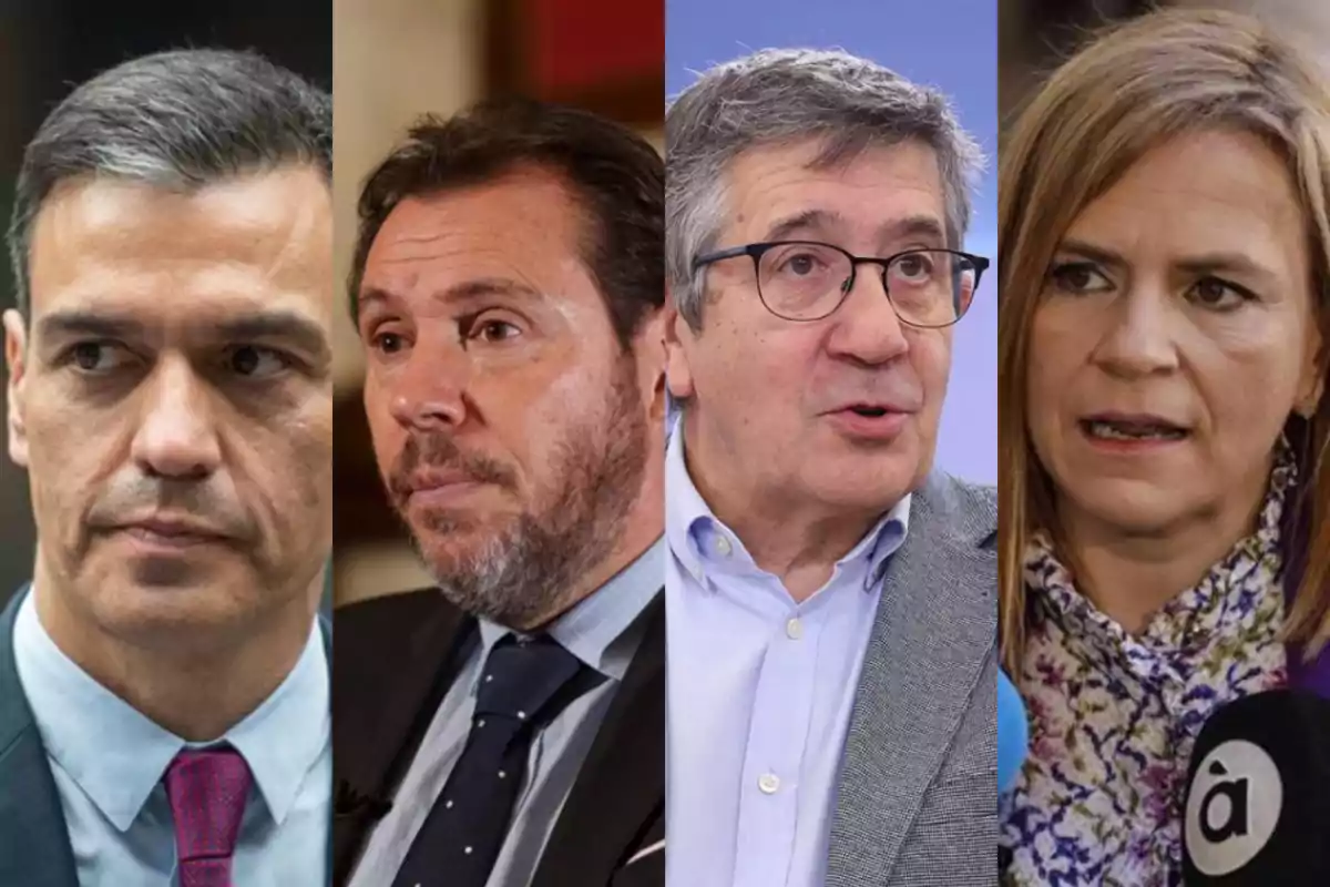 Cuatro personas en primer plano, dos hombres a la izquierda con traje y corbata, un hombre mayor con gafas y una mujer con el cabello suelto y micrófonos frente a ella.